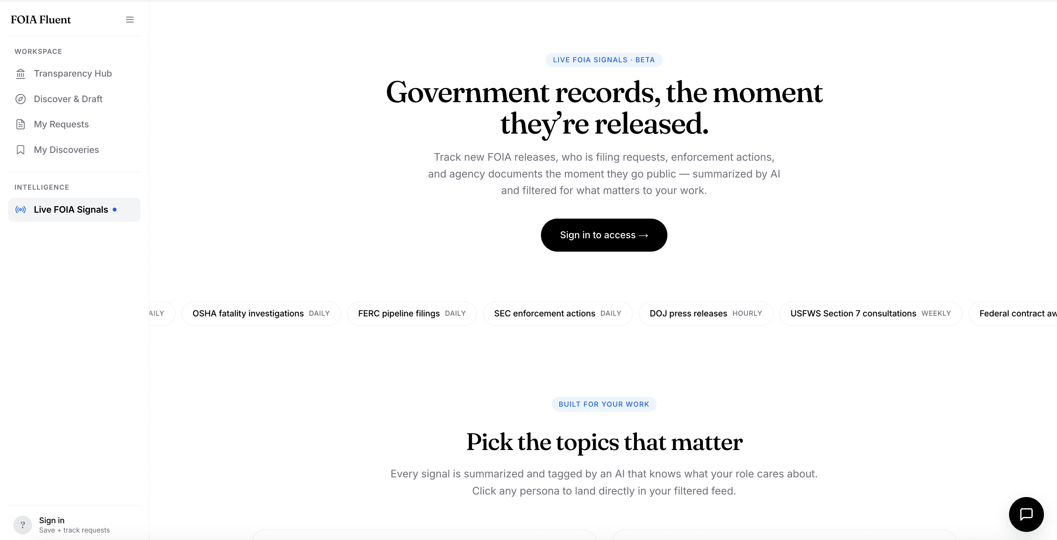 FOIA Fluent live signals dashboard